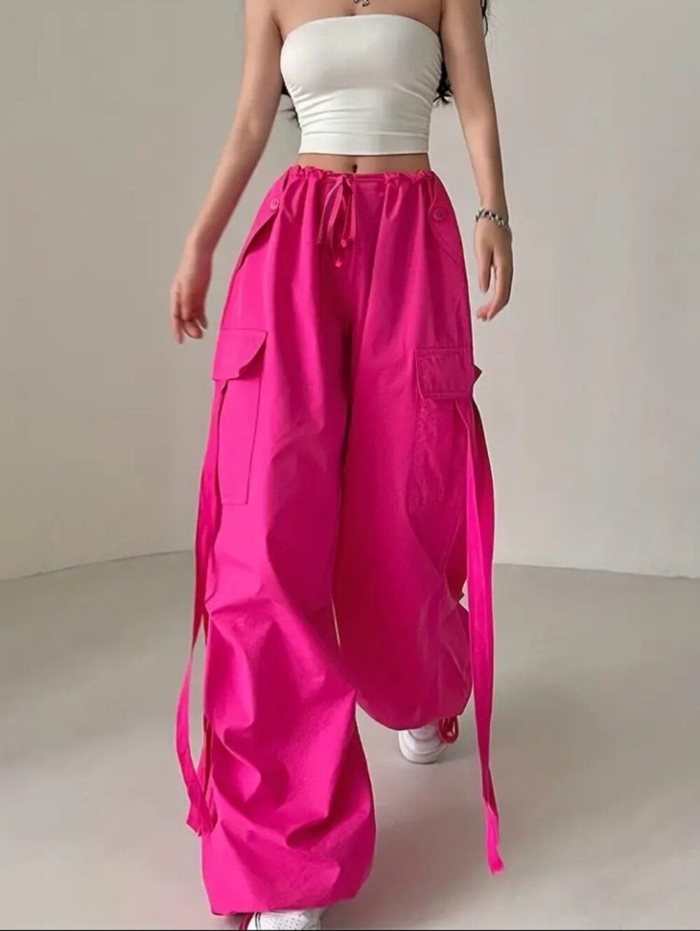 Street Style Loose Fit Drawstring Ankle Scarf Fashion Utility Pants Wide Leg